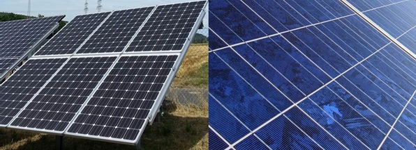 Monokristalline (links) und polykristalline (rechts) Solarmodule