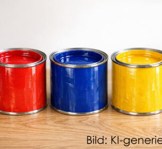 Drei Farbdosen in rot, blau und gelb stehen auf einem Holzbrett.