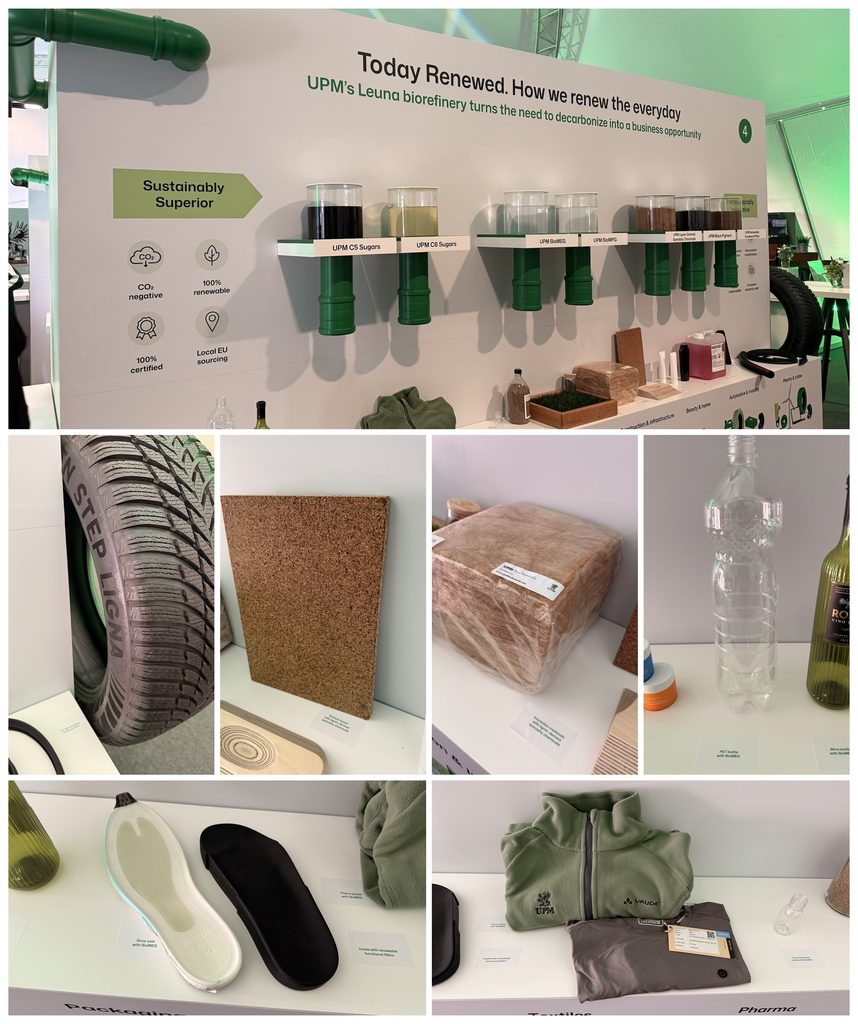 Collage aus sieben Fotos vom Messestand der UPM-Bioraffinerie Leuna. Oben eine Ausstellungswand mit dem Titel „Today Renewed“. In Glasbehältern sind die Produkte der Bioraffinerie zu sehen: C5- und C6-Zucker, BioMEG, BioMPG, Lignin-basierte Spezialchemikalien, schwarzes Pigment und erneuerbare Füllstoffe. Darunter Fotos von Anwendungen: ein Autoreifen mit erneuerbaren Füllstoffen, eine Spanplatte und ein Dämmstoffblock mit Lignin-basierten Spezialchemikalien, eine PET-Flasche mit BioMEG, Schuhsohlen sowie eine Fleecejacke und ein T-Shirt aus Polyester mit BioMEG.